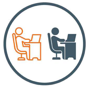 An icon of people sitting at desks and typing on computers